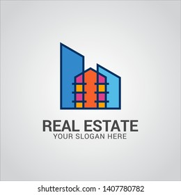 Real estate logo design vector with flat color concept. Clean and modern design of real estate and city building logo template.