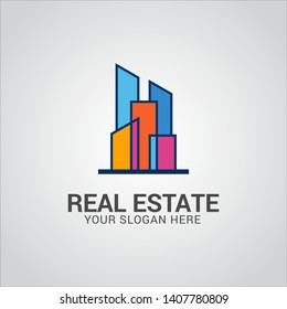 Real estate logo design vector with flat color concept. Clean and modern design of real estate and city building logo template.