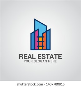 Real estate logo design vector with flat color concept. Clean and modern design of real estate and city building logo template.