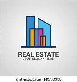 Real estate logo design vector with flat color concept. Clean and modern design of real estate and city building logo template.