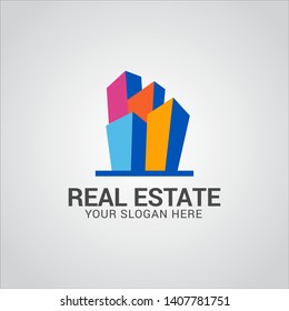 Real estate logo design vector with flat color concept. Clean and modern design of real estate and city building logo template.