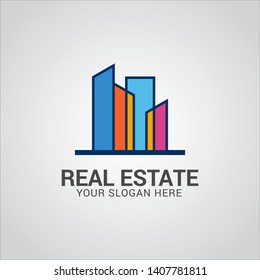 Real estate logo design vector with flat color concept. Clean and modern design of real estate and city building logo template.