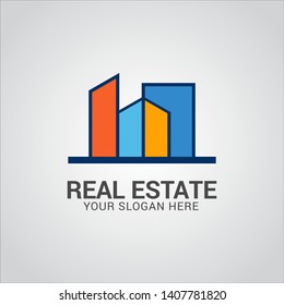Real estate logo design vector with flat color concept. Clean and modern design of real estate and city building logo template.
