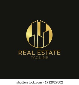 Real Estate Logo Design Vector Template. Building Apartment Vector in Luxury Gold Color. 