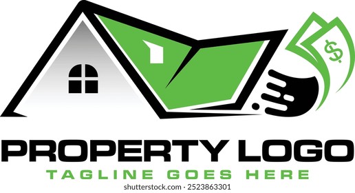 Immobilien-Logo-Design mit Vektorgeld und Haus-Icons