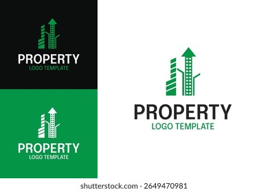 Real estate logo design vector with house roof and growth bar icon
