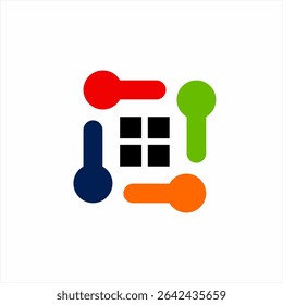 Design de logotipo imobiliário com símbolos de janela e maçaneta da porta.