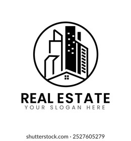 a real estate logo featuring a group of stylized . The text "REAL ESTATE" is prominently displayed below the skyscrapers, clearly identifying the company's industry.