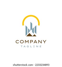 Real Estate logo,  financial home developer and builders, property, construction logo design, sun , mountains