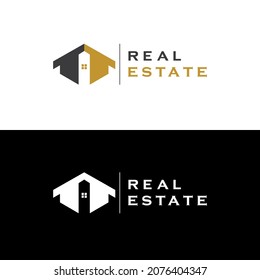 Real Estate Logo. Gold and Black Geometric Shape House isolated on Double Background. Design vector Icon Illustration