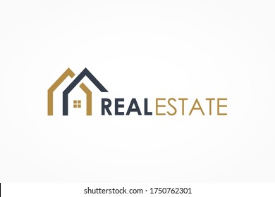 Real Estate Logo. Gold and Blue House Symbol Geometric Linear Style isolated on White Background. Usable for Construction Architecture Building Logo Design Template Element.