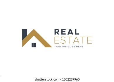 Real Estate Logo. Gold and Blue House Symbol Geometric Linear Style isolated on White Background. Usable for Construction Architecture Building Logo Design Template Element.