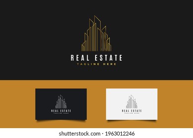 Real Estate Logo in Gold Gradient with Line Style. Construction, Architecture or Building Logo Design Template