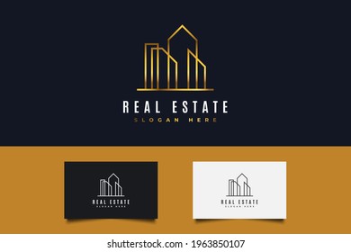 Real Estate Logo in Gold Gradient with Line Style. Construction, Architecture or Building Logo Design Template