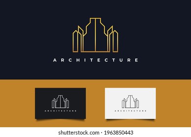 Real Estate Logo in Gold Gradient with Line Style. Construction, Architecture or Building Logo Design Template