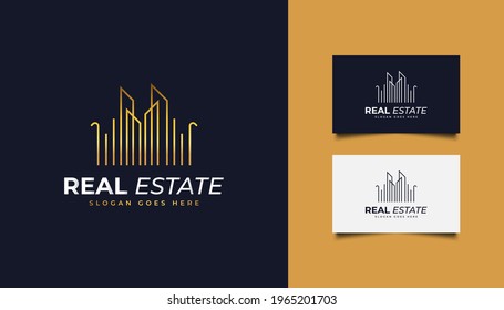 Real Estate Logo in Gold Gradient with Line Style. Construction, Architecture or Building Logo Design Template