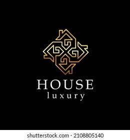 Real Estate Logo. Gold House Symbol Geometric Linear Style isolated on Double Background. Usable for , Construction, Architecture and Building Logos. Vector Logo Design Template Element