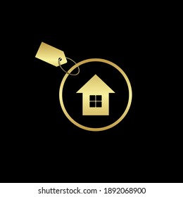 logotipo inmobiliario. Diseño vectorial dorado sobre fondo negro