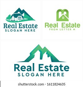 Real estate logo with green home tree grass lawn hill and roof letter M combination vector suitable for mortgage building business provide resort lodging hotel