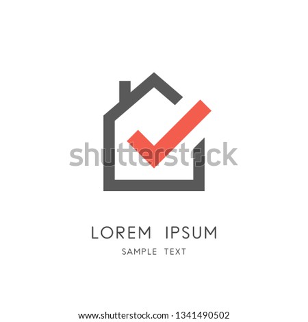 Real estate logo - home or house with chimney and check mark or tick symbol. Realty and property agency, construction or building industry vector icon.