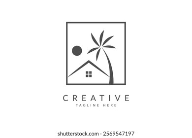 Real estate logo home icon around sun vector.