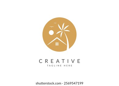 Real estate logo home icon around sun vector.