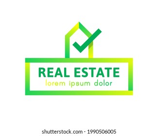 Real estate logo with house and check mark in green color