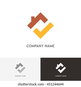 Real estate logo - house with chimney on the roof and check mark symbol on the white background