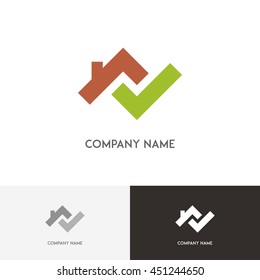 Real estate logo - house with chimney on the roof and green check mark on the white background