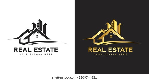 Real estate logo and house logo design with golden color.