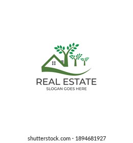 Real estate logo, house icon, property logo vector, green house