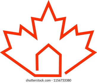 real estate logo. House with Red maple leaf Canadian symbol. Canada flag logo. Concept of buy apartment property in canada and immigration and migration family programs Visa