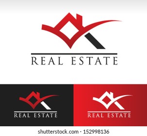 Real estate logo icon with roof and check mark graphic element.