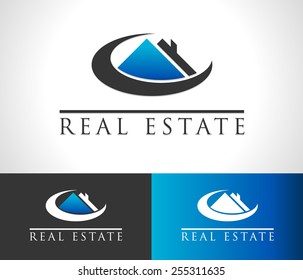 Real estate logo icon with roof and swoosh graphic element