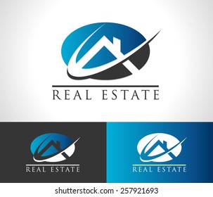 Real estate logo icon with roof and swoosh graphic element