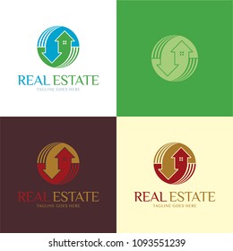 Real Estate Logo and Icon. Vector Illustration. A logo featuring two houses incorporated in an abstract symbol that resembles the recycling symbol and represents the buy and sell process of real estat