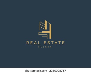 Real estate logo image simple and creative line art style. Construction Architecture Building concept. Business building House logo element vector design template.