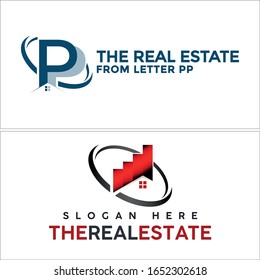 Real Estate logo with initial PP roof stairs chart circle line element vector combination design suitable for mortgage business company provide