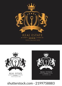 real estate logo with lion and key ribbon shield crown stars ornaments vector logo royal logo