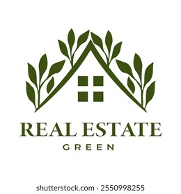 Real Estate Logo with Minimalist design that combines House and Green Leaf Elements, Suitable for real estate business branding, Eco-Friendly Housing or Green Property Development