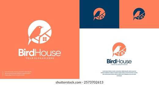 real estate logo with negative space concept, tree branch, nature bird, vector design template.