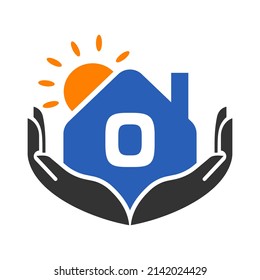 Real Estate Logo On Letter O Sign, Concept with Sun, House and Hand Template. Safe Home Logo Element Vector