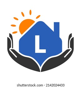 Real Estate Logo On Letter L Sign, Concept with Sun, House and Hand Template. Safe Home Logo Element Vector