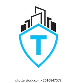 Real Estate Logo On Letter T Concept With Building and Shield Symbol Vector Template