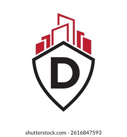 Real Estate Logo On Letter D Concept With Building and Shield Symbol Vector Template