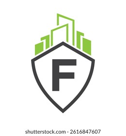 Real Estate Logo On Letter F Concept With Building and Shield Symbol Vector Template