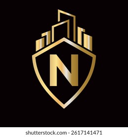 Real Estate Logo On Letter N Concept With Building and Shield Symbol. Building Symbol