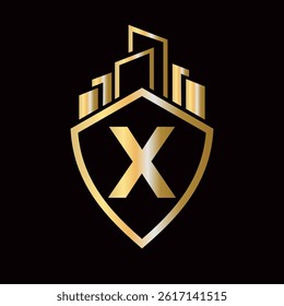 Real Estate Logo On Letter X Concept With Building and Shield Symbol. Building Symbol