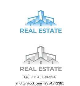Real estate logo with roof and buildings , professional look with blue and green color- house logo -  home logo- property logo  - city logo - residential