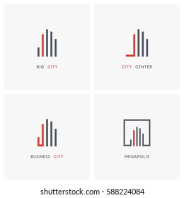 Real estate logo set. Big city with skyscrapers and hand symbols - business, realty and building icons.